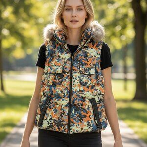 Bosideng Women’s Down Puffer Vest Camo Fur Hood Size XS  (160/84A)